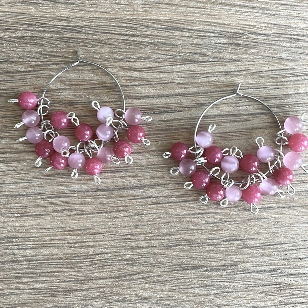 HAND CRAFTED CHA-CHA HOOP EARRINGS Magenta Pink Bonbon Bubble Cluster Wires